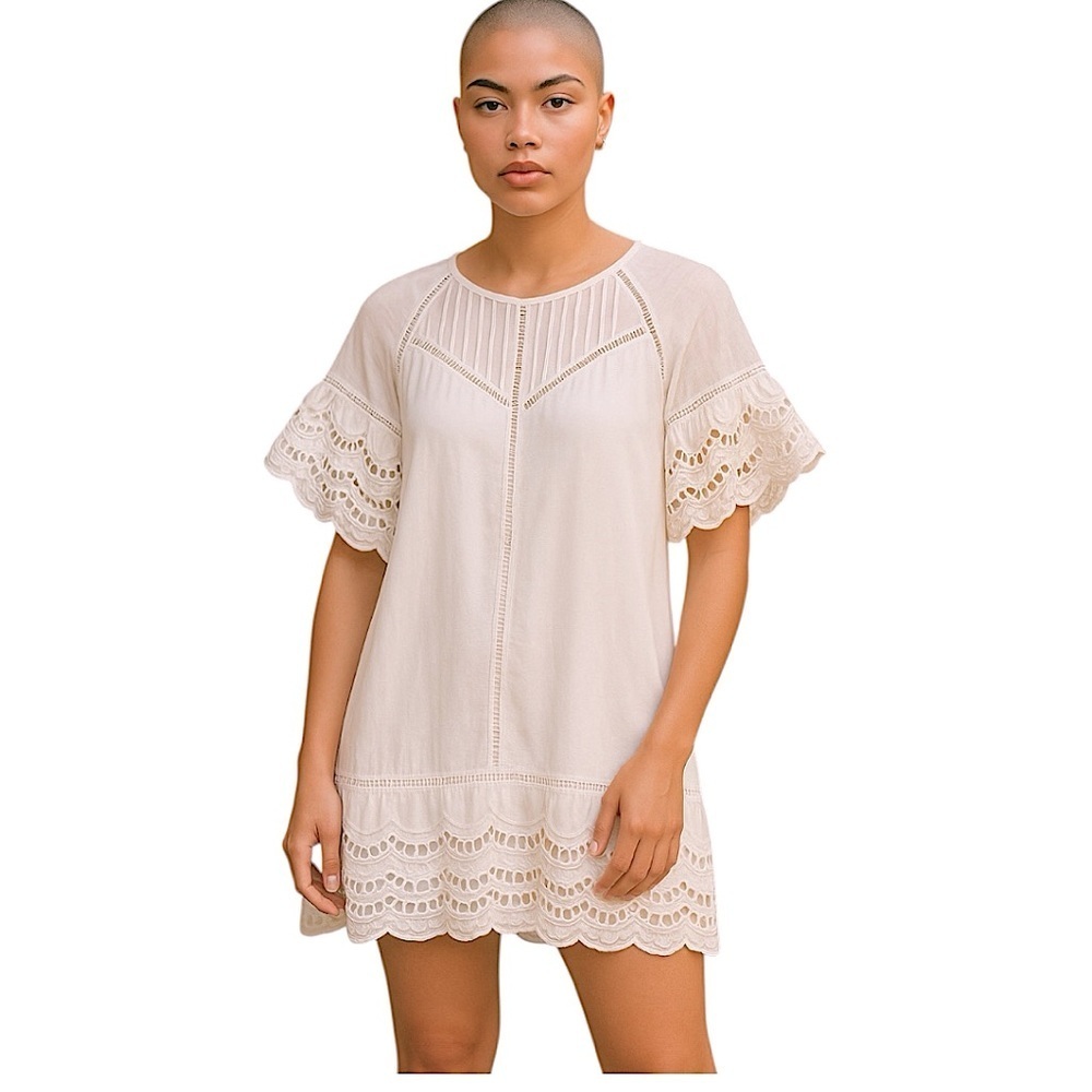 Adelyn Raei Shirt Dress White Embroidered Eyelet Scalloped Short Sleeve Sz S
